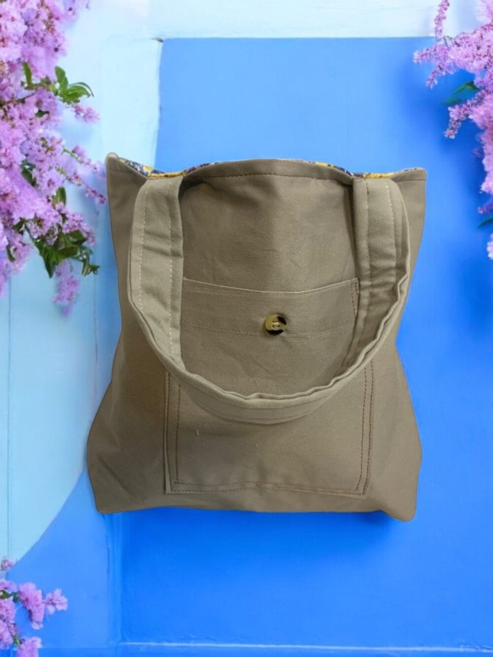 Handcrafted Khaki reclaimed fabric tote bag Floral Lining Pocket